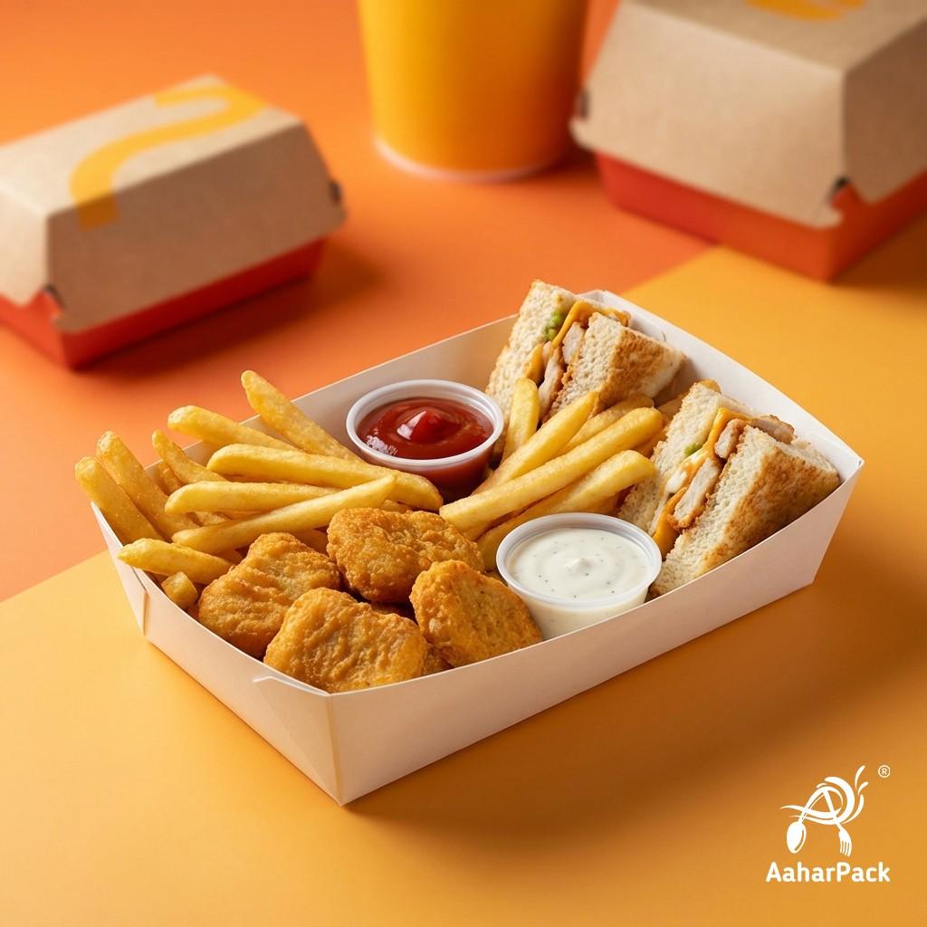 500 ML White Paper Food Trays (Pack of 150) - Disposable Open-Top Serving Boats for Street Food & Snacks
