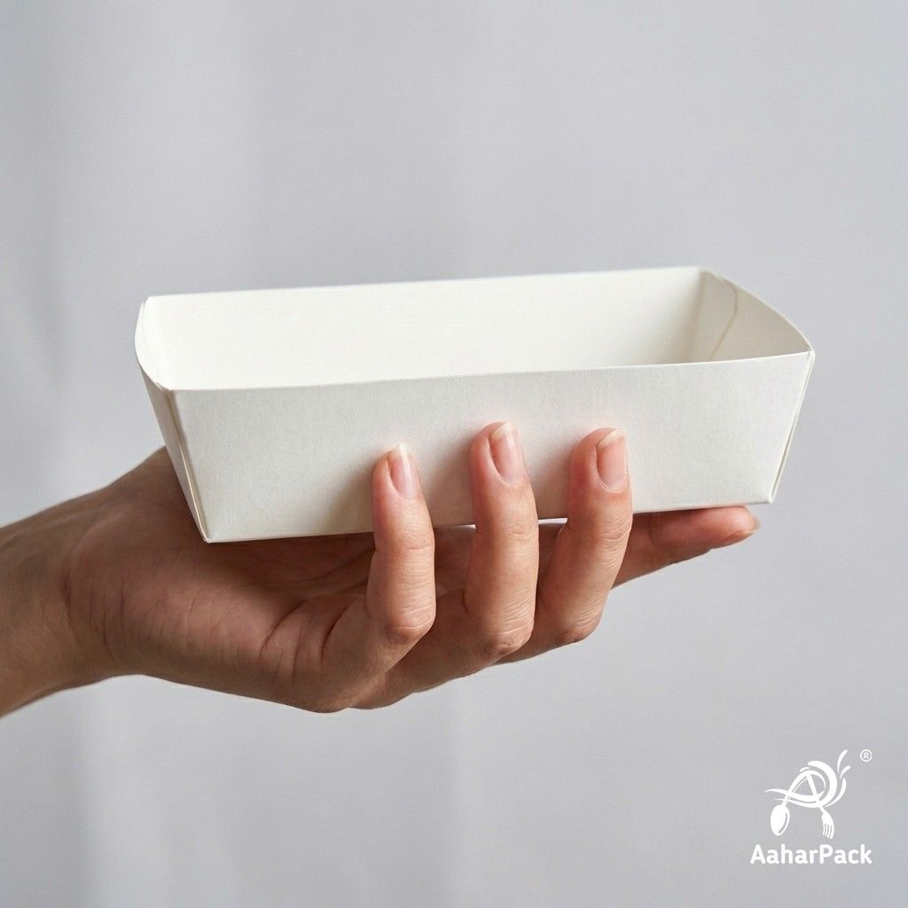 500 ML White Paper Food Trays (Pack of 150) - Disposable Open-Top Serving Boats for Street Food & Snacks