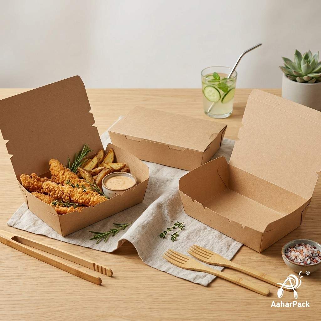 1200 ML Kraft Brown Paper Food Boxes (100 Pcs) - Large Eco-Friendly Takeaway Containers | Leak-Proof Packaging for Biryani & Meals