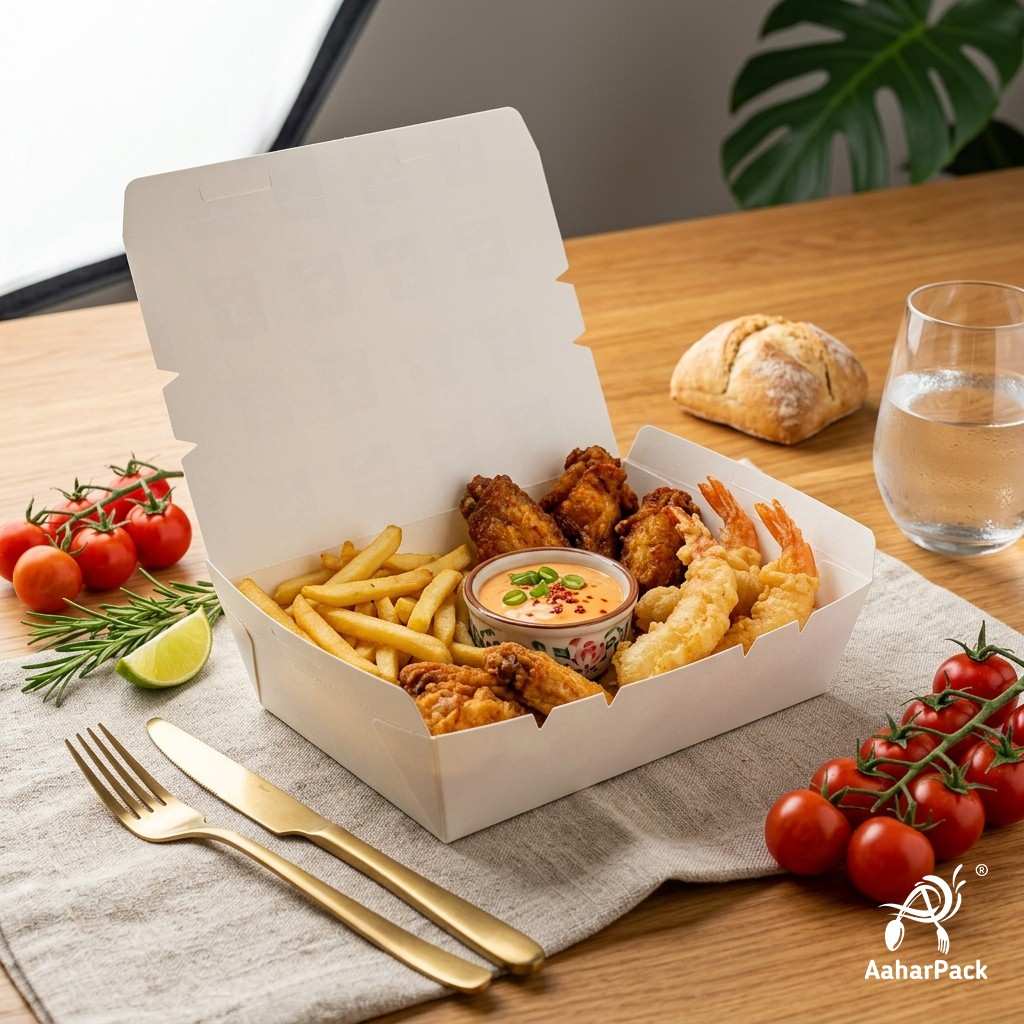 1200 ML White Paper Food Boxes (Pack of 100) - Large Leak-Proof Takeaway Containers | Disposable Fold-Top Meal Boxes