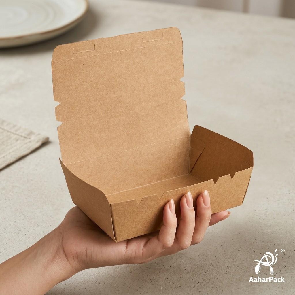 750 ML Kraft Brown Paper Food Boxes (Pack of 100 Pcs) - Eco-Friendly Takeaway Containers | Leak-Proof Meal Packaging