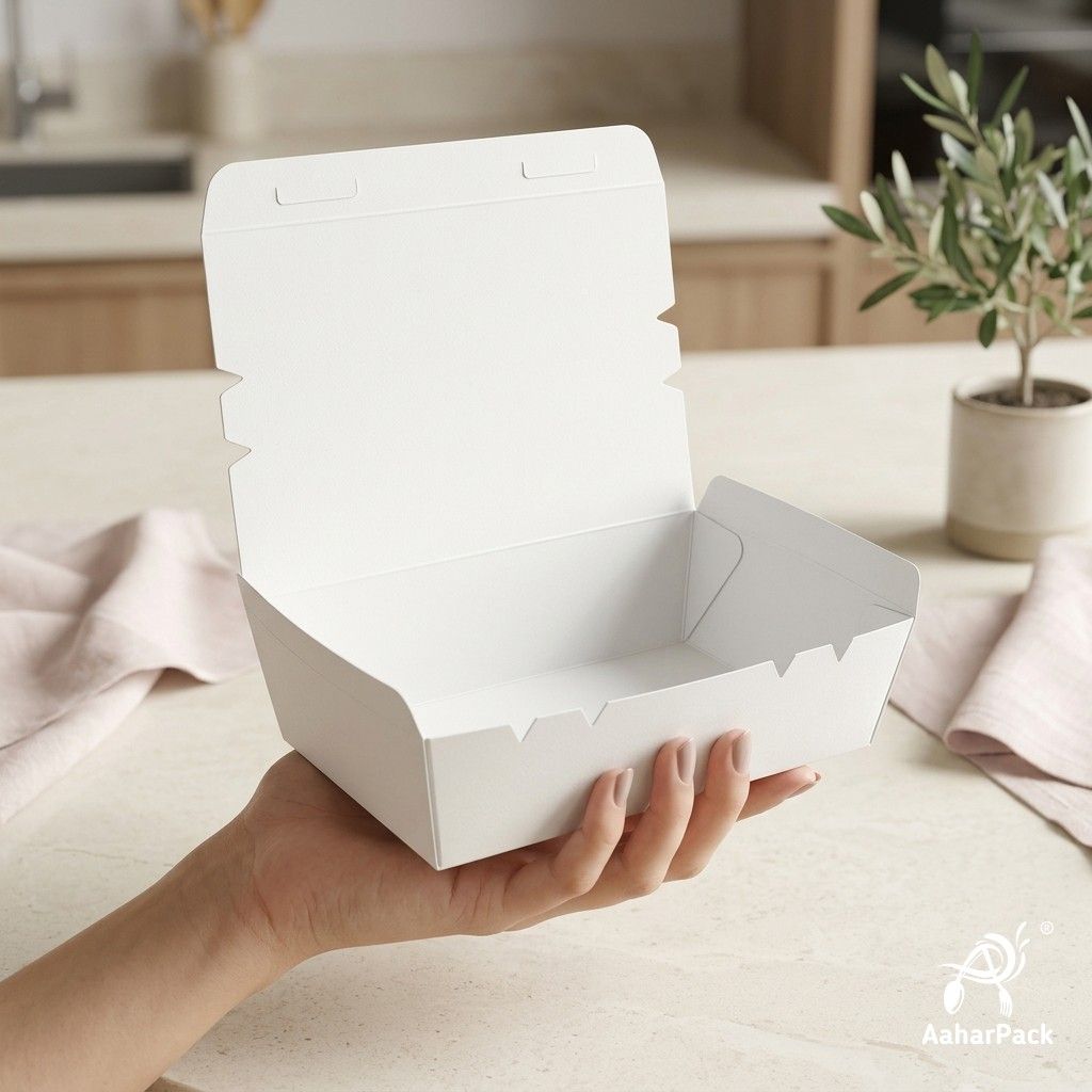 750 ML White Paper Food Boxes (Pack of 100 Pcs) - Premium Leak-Proof Takeaway Meal Boxes | For Biryani, Noodles & Fast Food
