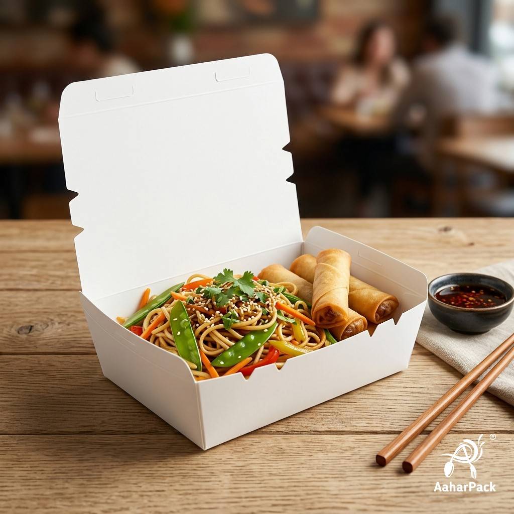 750 ML White Paper Food Boxes (Pack of 100 Pcs) - Premium Leak-Proof Takeaway Meal Boxes | For Biryani, Noodles & Fast Food