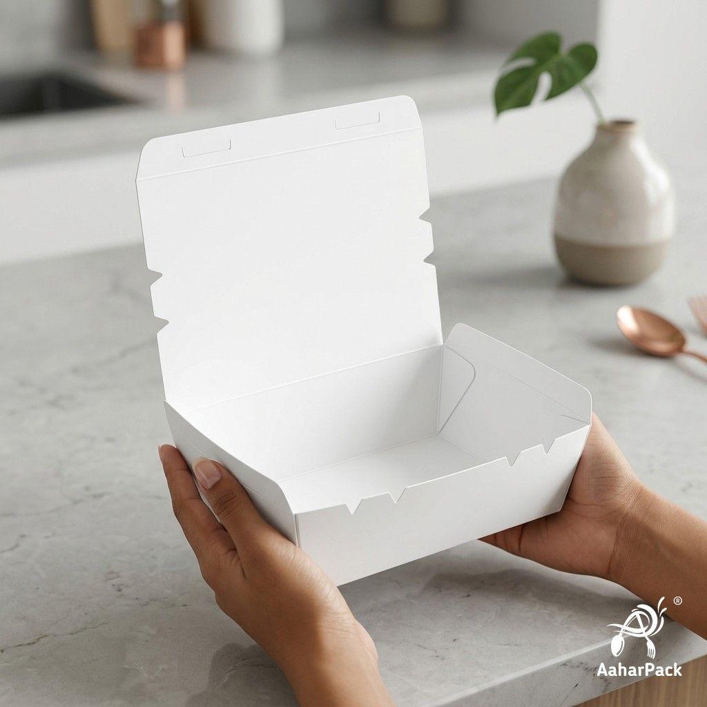 750 ML White Paper Food Boxes (Pack of 100 Pcs) - Premium Leak-Proof Takeaway Meal Boxes | For Biryani, Noodles & Fast Food