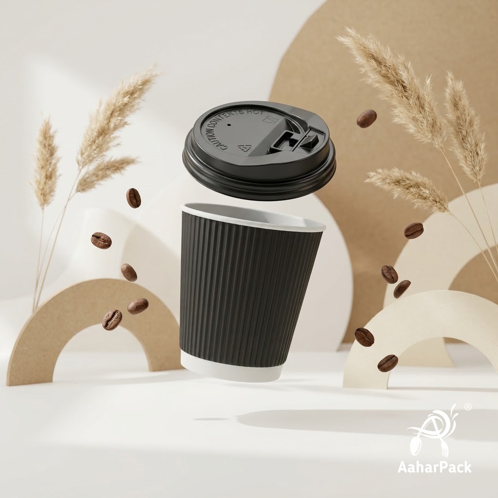 120 ML (4 oz) Black Ripple Wall Paper Cups with Lockable Black Lids (Pack of 300) - Spill-Proof Insulated Espresso & Tasting Cups