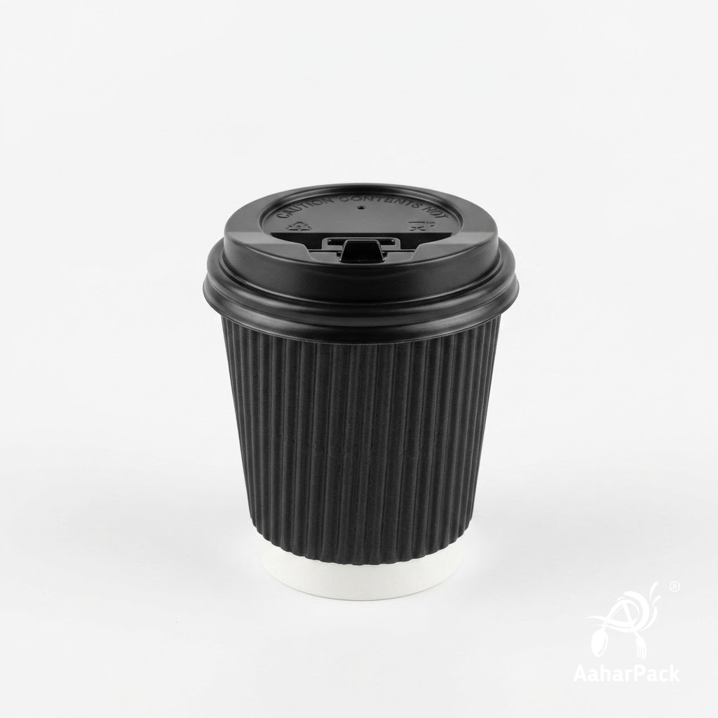 120 ML (4 oz) Black Ripple Wall Paper Cups with Lockable Black Lids (Pack of 300) - Spill-Proof Insulated Espresso & Tasting Cups
