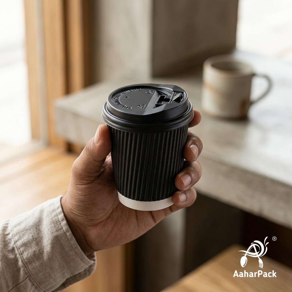 120 ML (4 oz) Black Ripple Wall Paper Cups with Lockable Black Lids (Pack of 300) - Spill-Proof Insulated Espresso & Tasting Cups