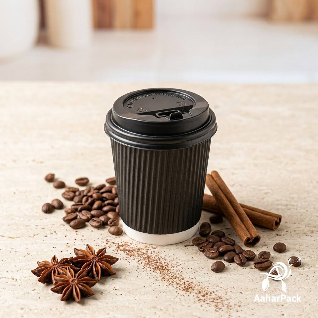 120 ML (4 oz) Black Ripple Wall Paper Cups with Lockable Black Lids (Pack of 300) - Spill-Proof Insulated Espresso & Tasting Cups