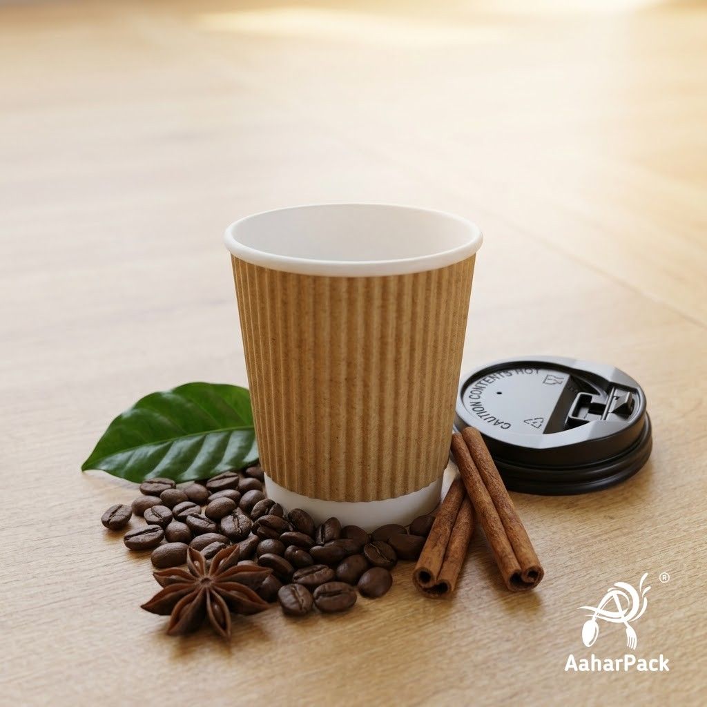 120 ML (4 oz) Kraft Ripple Wall Paper Cups with Lockable Black Lids (Pack of 300) - Spill-Proof Insulated Espresso & Tasting Cups