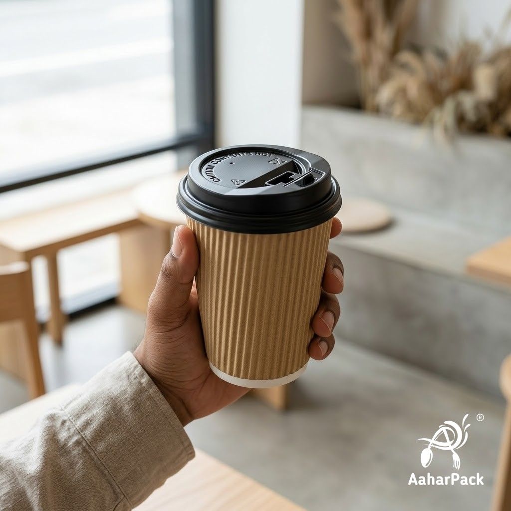 120 ML (4 oz) Kraft Ripple Wall Paper Cups with Lockable Black Lids (Pack of 300) - Spill-Proof Insulated Espresso & Tasting Cups
