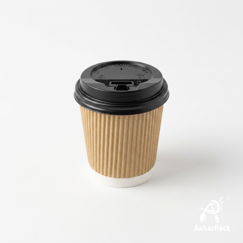 120 ML (4 oz) Kraft Ripple Wall Paper Cups with Lockable Black Lids (Pack of 300) - Spill-Proof Insulated Espresso & Tasting Cups
