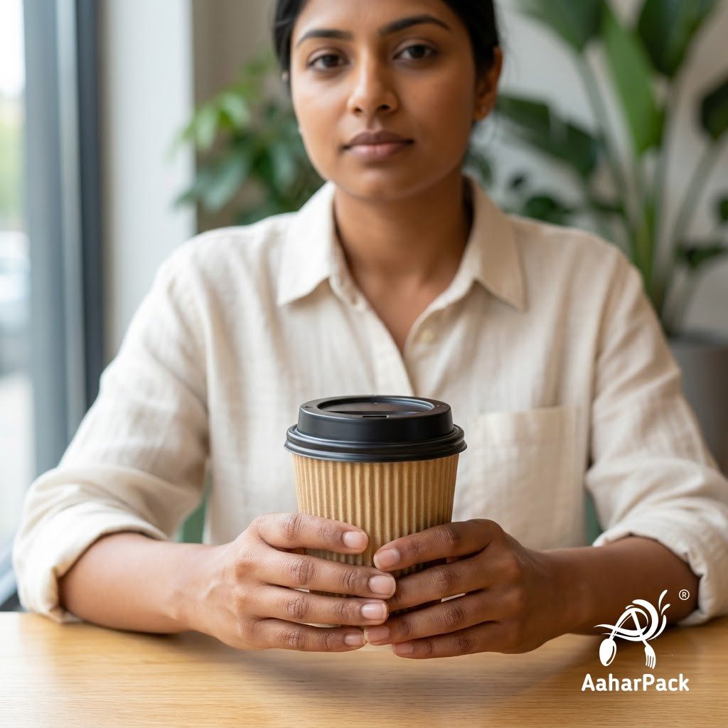 120 ML (4 oz) Kraft Ripple Wall Paper Cups with Lockable Black Lids (Pack of 300) - Spill-Proof Insulated Espresso & Tasting Cups