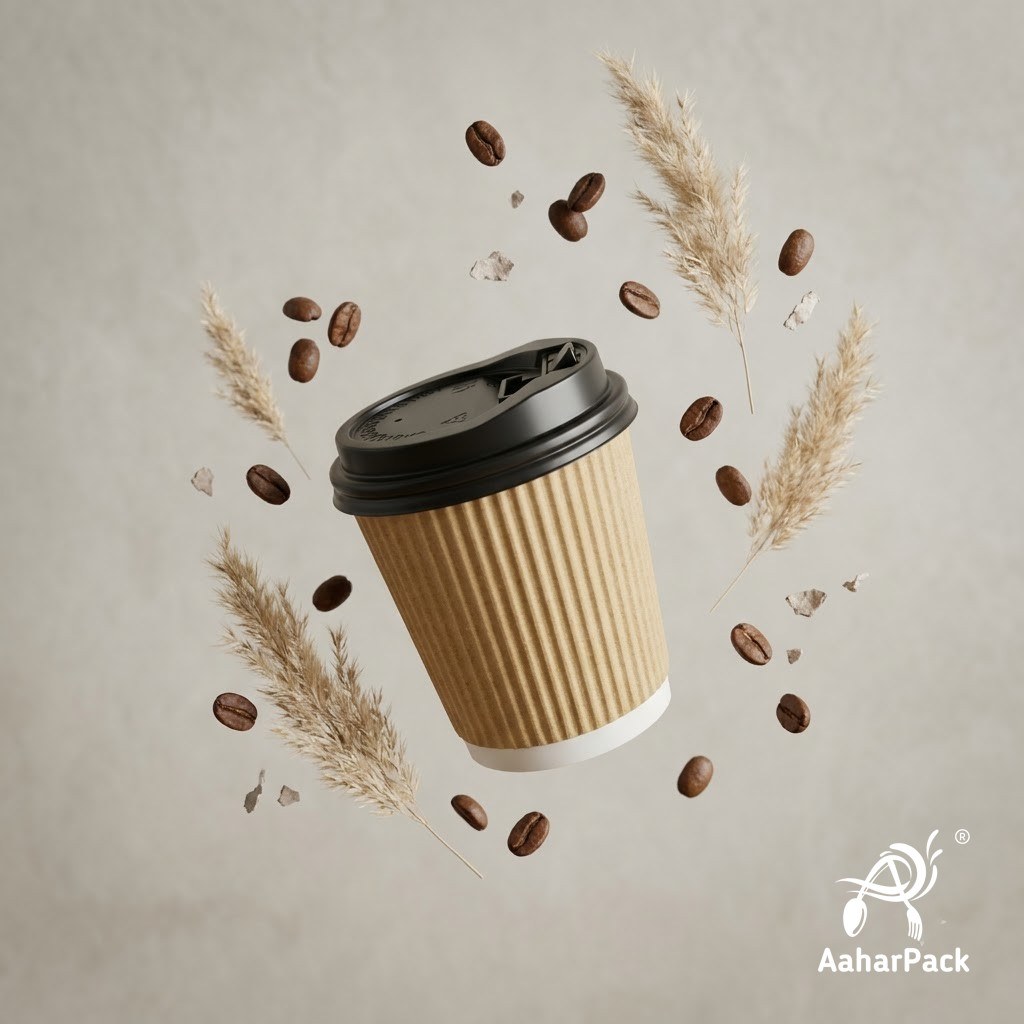 120 ML (4 oz) Kraft Ripple Wall Paper Cups with Lockable Black Lids (Pack of 300) - Spill-Proof Insulated Espresso & Tasting Cups