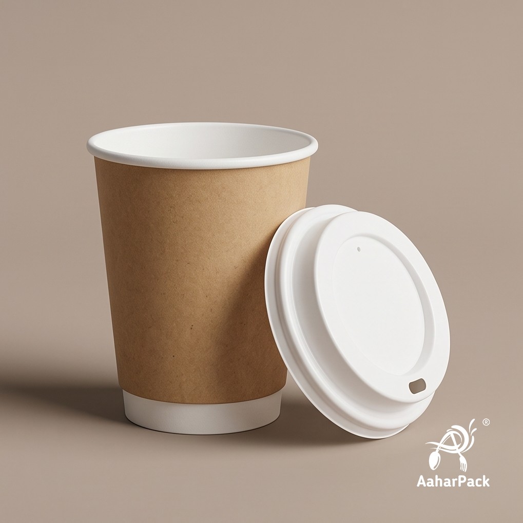 210 ML (7 oz) Kraft Double Wall Paper Cups with Bagasse Sipper Lids (Pack of 175) - 100% Plastic-Free Insulated Takeaway Cups