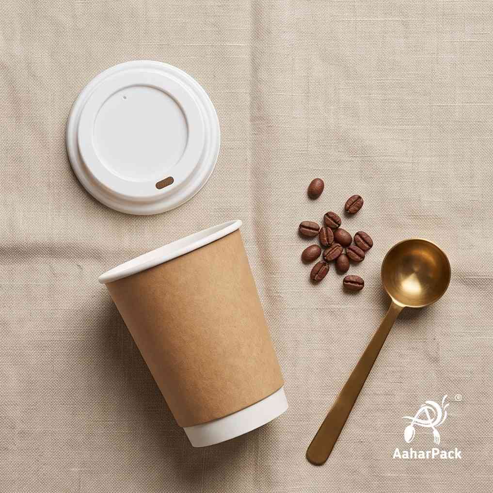 210 ML (7 oz) Kraft Double Wall Paper Cups with Bagasse Sipper Lids (Pack of 175) - 100% Plastic-Free Insulated Takeaway Cups
