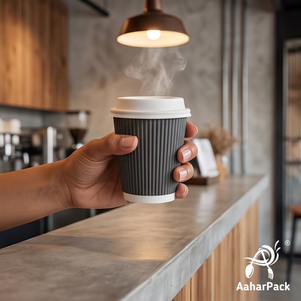 210 ML (7 oz) Black Ripple Wall Paper Cups with Bagasse Sipper Lids (Pack of 175) - 100% Plastic-Free Insulated Takeaway Cups