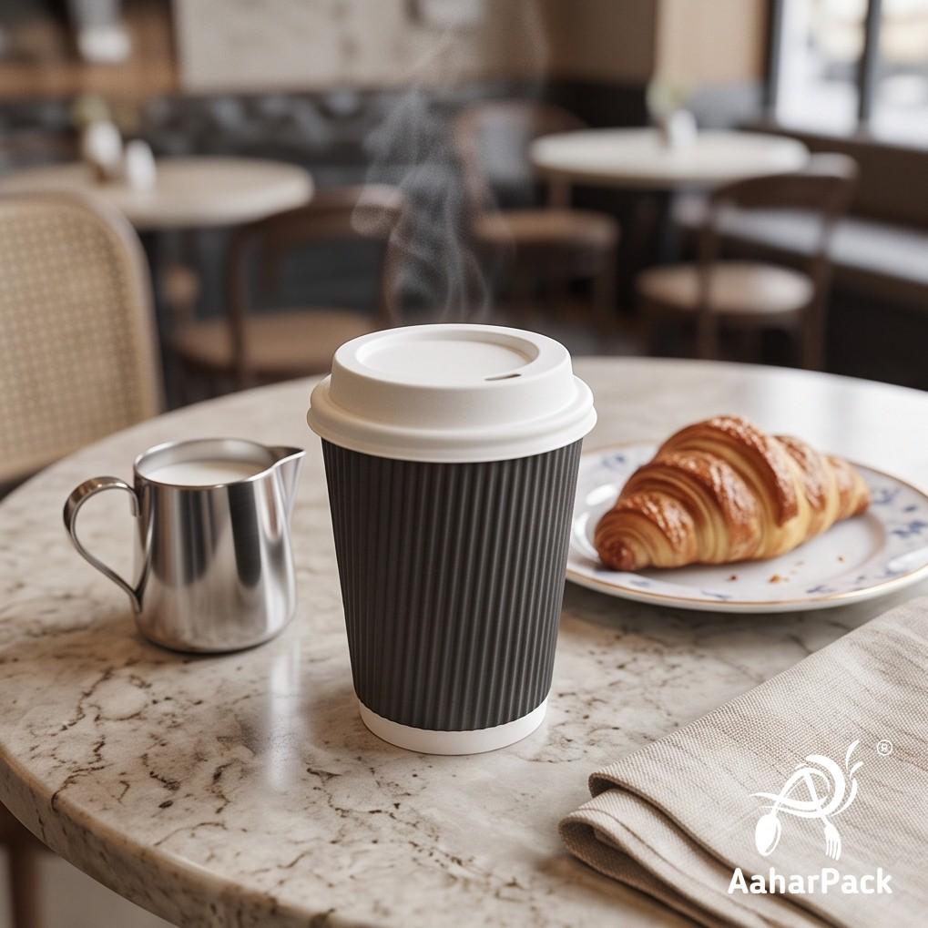 210 ML (7 oz) Black Ripple Wall Paper Cups with Bagasse Sipper Lids (Pack of 175) - 100% Plastic-Free Insulated Takeaway Cups
