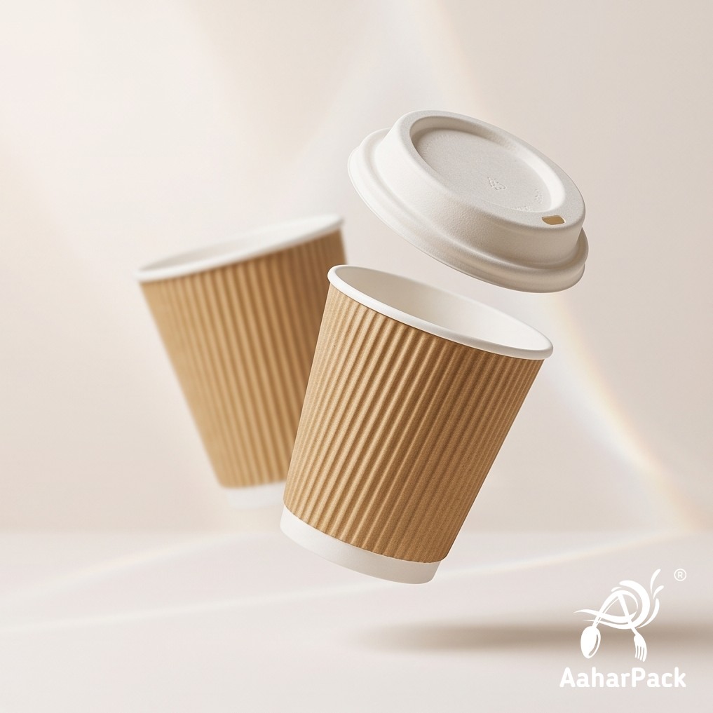 210 ML (7 oz) Kraft Ripple Wall Paper Cups with Bagasse Sipper Lids (Pack of 175) - 100% Plastic-Free Insulated Takeaway Cups