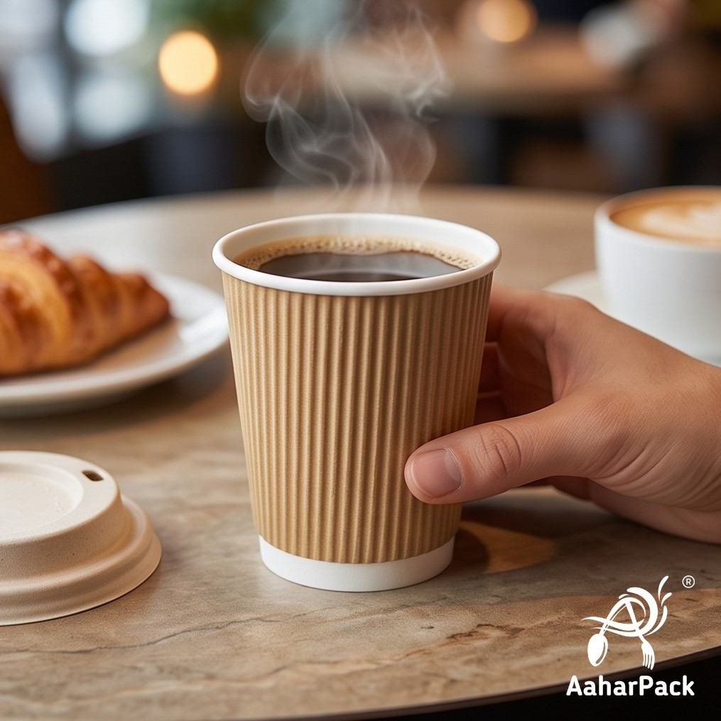 210 ML (7 oz) Kraft Ripple Wall Paper Cups with Bagasse Sipper Lids (Pack of 175) - 100% Plastic-Free Insulated Takeaway Cups