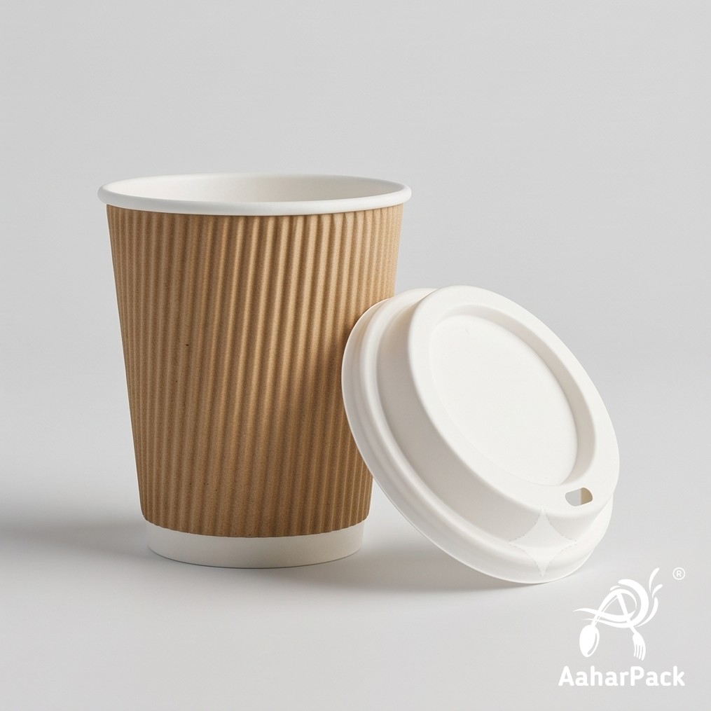 210 ML (7 oz) Kraft Ripple Wall Paper Cups with Bagasse Sipper Lids (Pack of 175) - 100% Plastic-Free Insulated Takeaway Cups