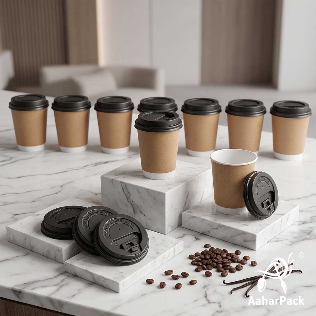 250 ML (8 oz) Kraft Double Wall Paper Cups with Lockable Black Sipper Lids (Pack of 150) - Spill-Proof Insulated Takeaway Cups