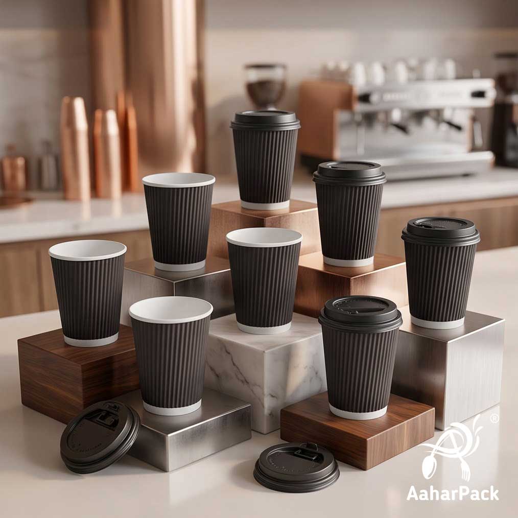 250 ML (8 oz) Black Ripple Wall Paper Cups with Lockable Black Sipper Lids (Pack of 150) - Spill-Proof Insulated Takeaway Cups