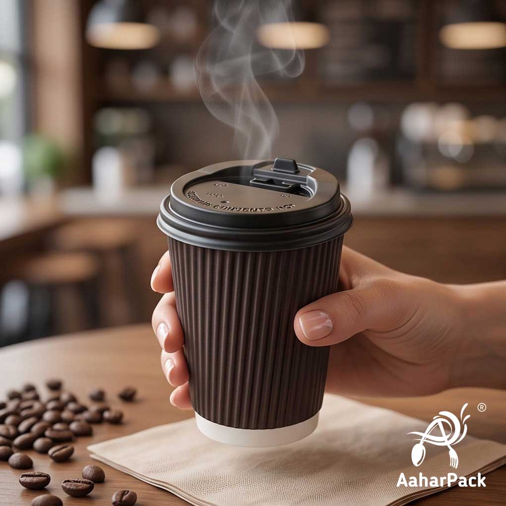 250 ML (8 oz) Black Ripple Wall Paper Cups with Lockable Black Sipper Lids (Pack of 150) - Spill-Proof Insulated Takeaway Cups