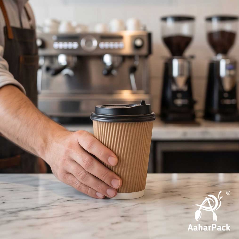 250 ML (8 oz) Kraft Ripple Wall Paper Cups with Lockable Black Sipper Lids (Pack of 150) - Spill-Proof Insulated Takeaway Cups