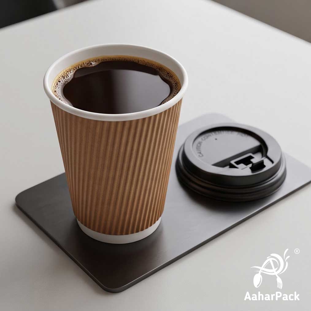 250 ML (8 oz) Kraft Ripple Wall Paper Cups with Lockable Black Sipper Lids (Pack of 150) - Spill-Proof Insulated Takeaway Cups