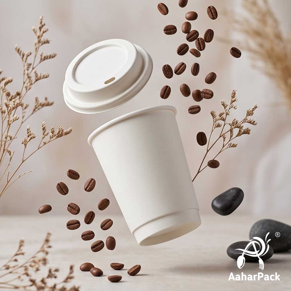 250 ML (8 oz) White Double Wall Paper Cups with Bagasse Sipper Lids (Pack of 150) - 100% Plastic-Free Insulated Takeaway Cups