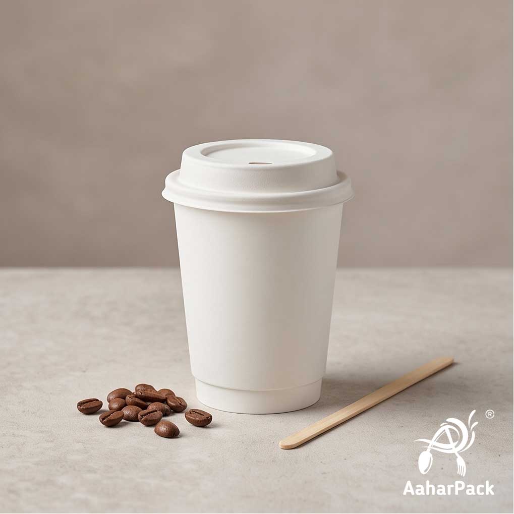 250 ML (8 oz) White Double Wall Paper Cups with Bagasse Sipper Lids (Pack of 150) - 100% Plastic-Free Insulated Takeaway Cups