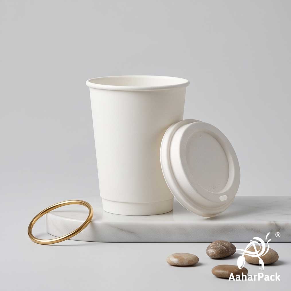 250 ML (8 oz) White Double Wall Paper Cups with Bagasse Sipper Lids (Pack of 150) - 100% Plastic-Free Insulated Takeaway Cups