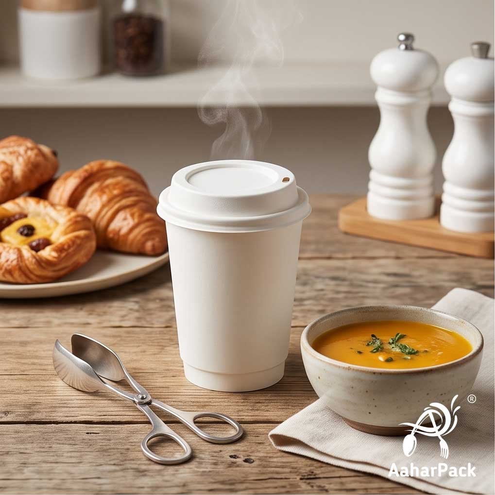 250 ML (8 oz) White Double Wall Paper Cups with Bagasse Sipper Lids (Pack of 150) - 100% Plastic-Free Insulated Takeaway Cups