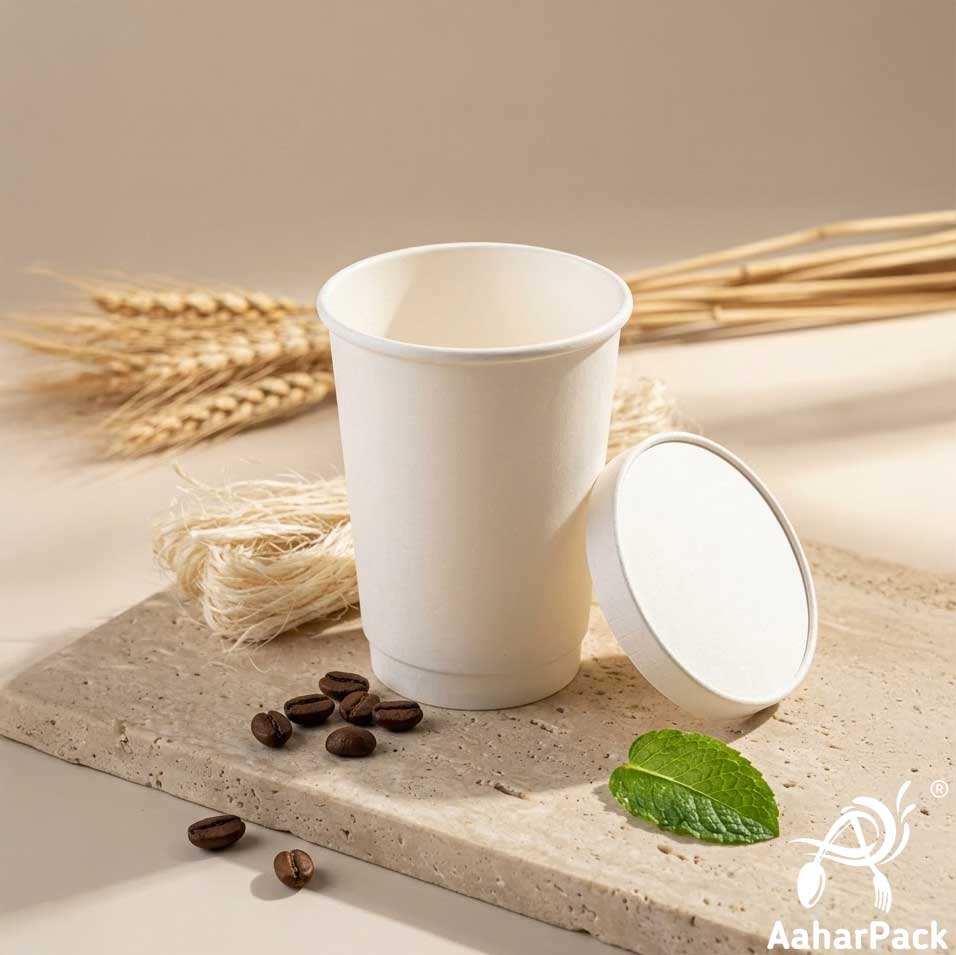 250 ML (8 oz) White Double Wall Paper Cups With Flat Paper Lids (Pack of 150) - 100% Plastic-Free Insulated Takeaway Coffee Cups