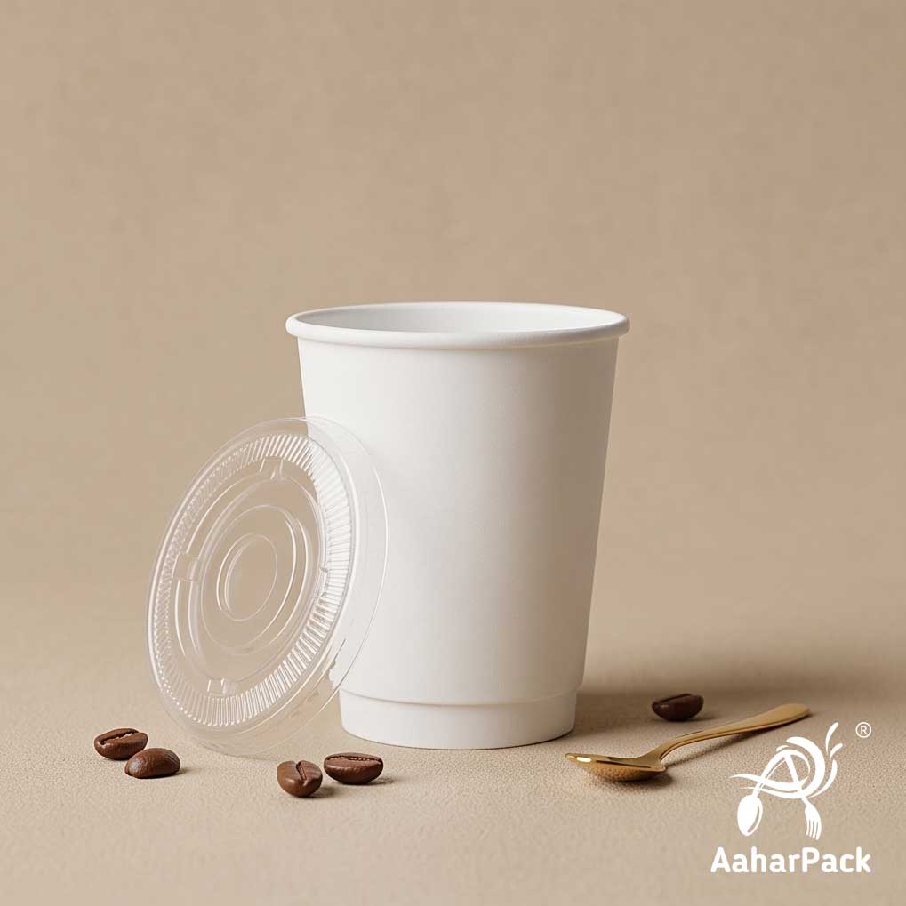 250 ML (8 oz) White Double Wall Paper Cups With Flat Plastic Lids (Pack of 300) - Insulated Takeaway Coffee Cups