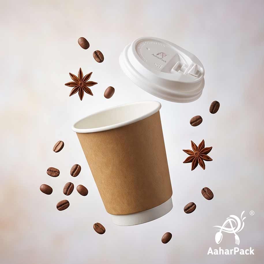 250 ML (8 oz) Kraft Double Wall Paper Cups with Lockable White Sipper Lids (Pack of 150) - Spill-Proof Insulated Takeaway Cups