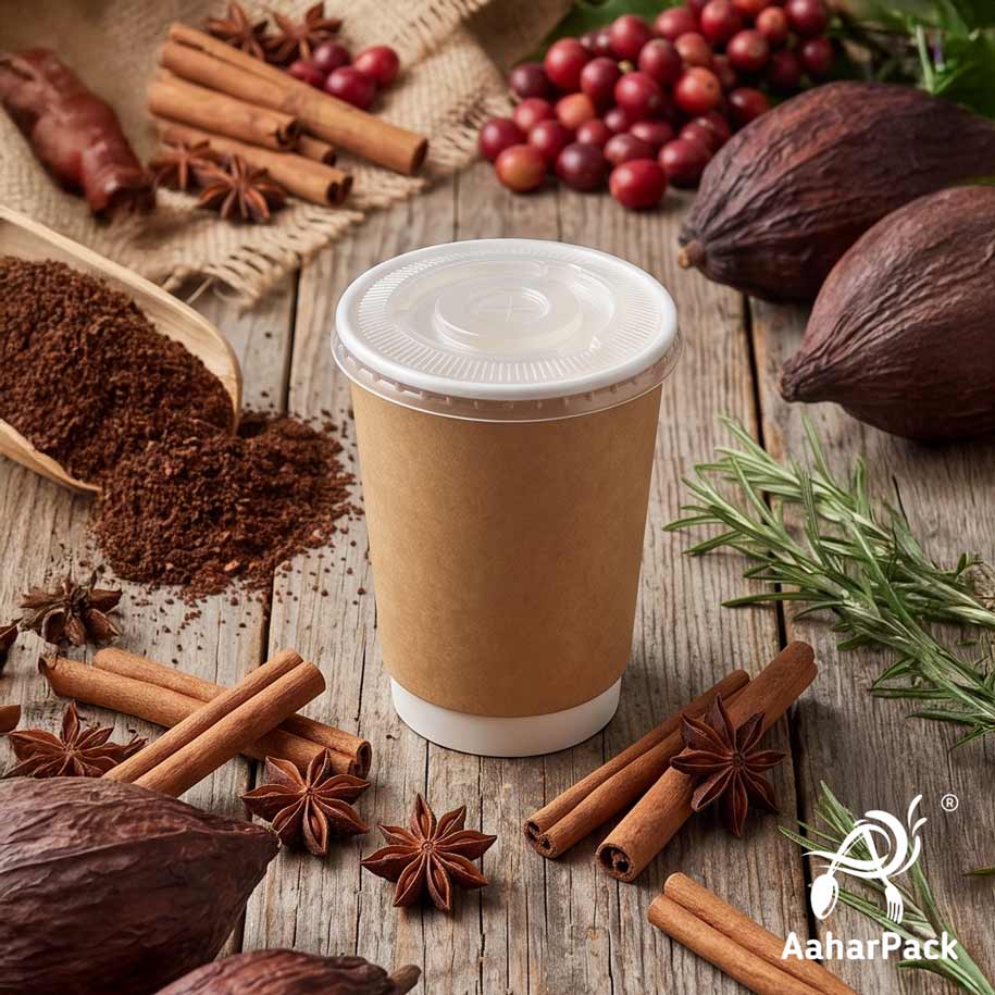 250 ML (8 oz) Kraft Double Wall Paper Cups With Flat Plastic Lids (Pack of 300) - Insulated Takeaway Coffee Cups