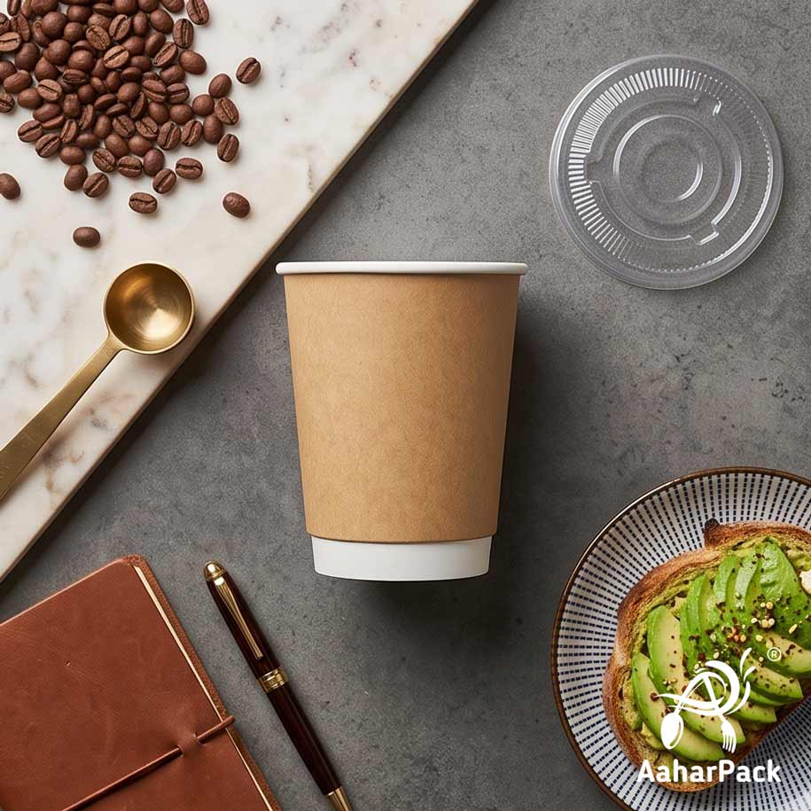 250 ML (8 oz) Kraft Double Wall Paper Cups With Flat Plastic Lids (Pack of 300) - Insulated Takeaway Coffee Cups