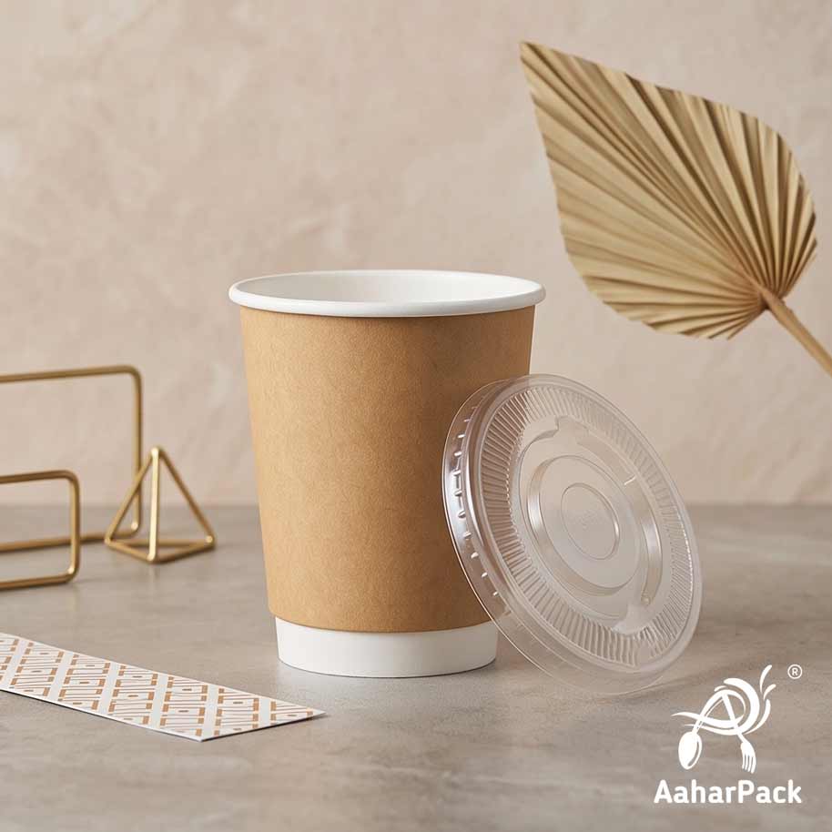 250 ML (8 oz) Kraft Double Wall Paper Cups With Flat Plastic Lids (Pack of 300) - Insulated Takeaway Coffee Cups