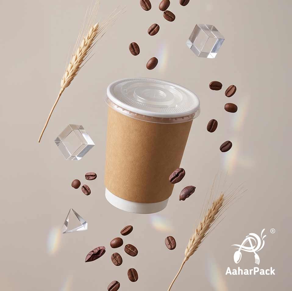 250 ML (8 oz) Kraft Double Wall Paper Cups With Flat Plastic Lids (Pack of 300) - Insulated Takeaway Coffee Cups