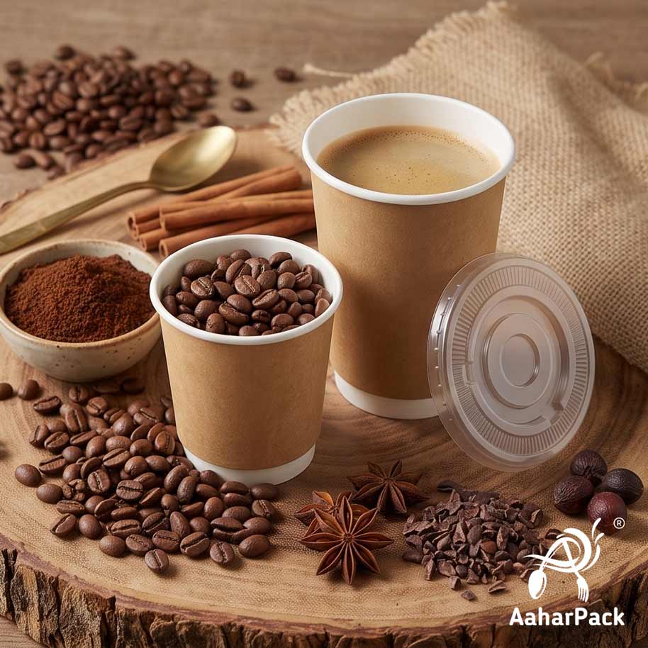 250 ML (8 oz) Kraft Double Wall Paper Cups With Flat Plastic Lids (Pack of 300) - Insulated Takeaway Coffee Cups