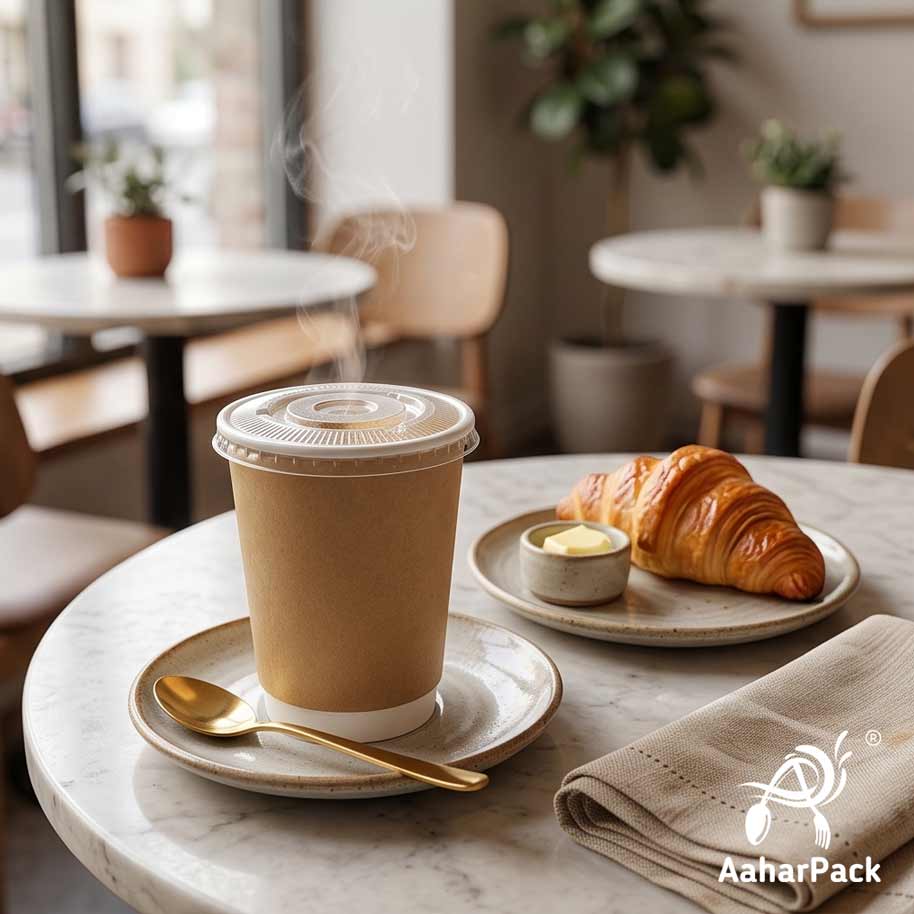 250 ML (8 oz) Kraft Double Wall Paper Cups With Flat Plastic Lids (Pack of 300) - Insulated Takeaway Coffee Cups