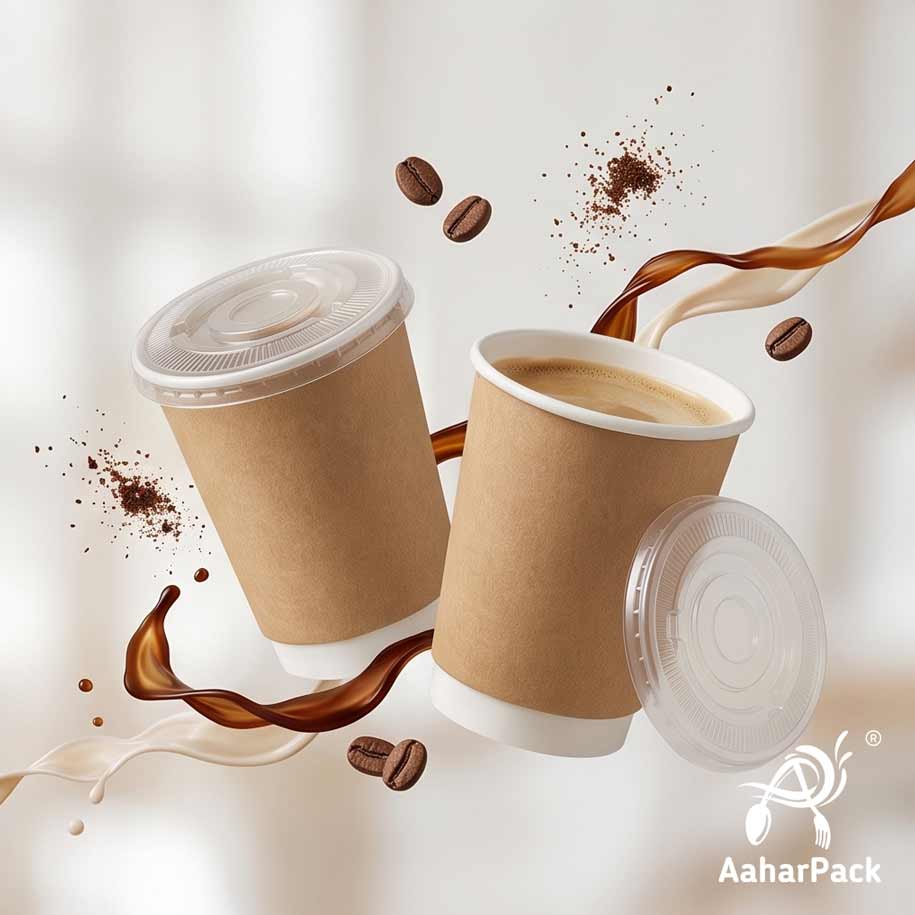 250 ML (8 oz) Kraft Double Wall Paper Cups With Flat Plastic Lids (Pack of 300) - Insulated Takeaway Coffee Cups