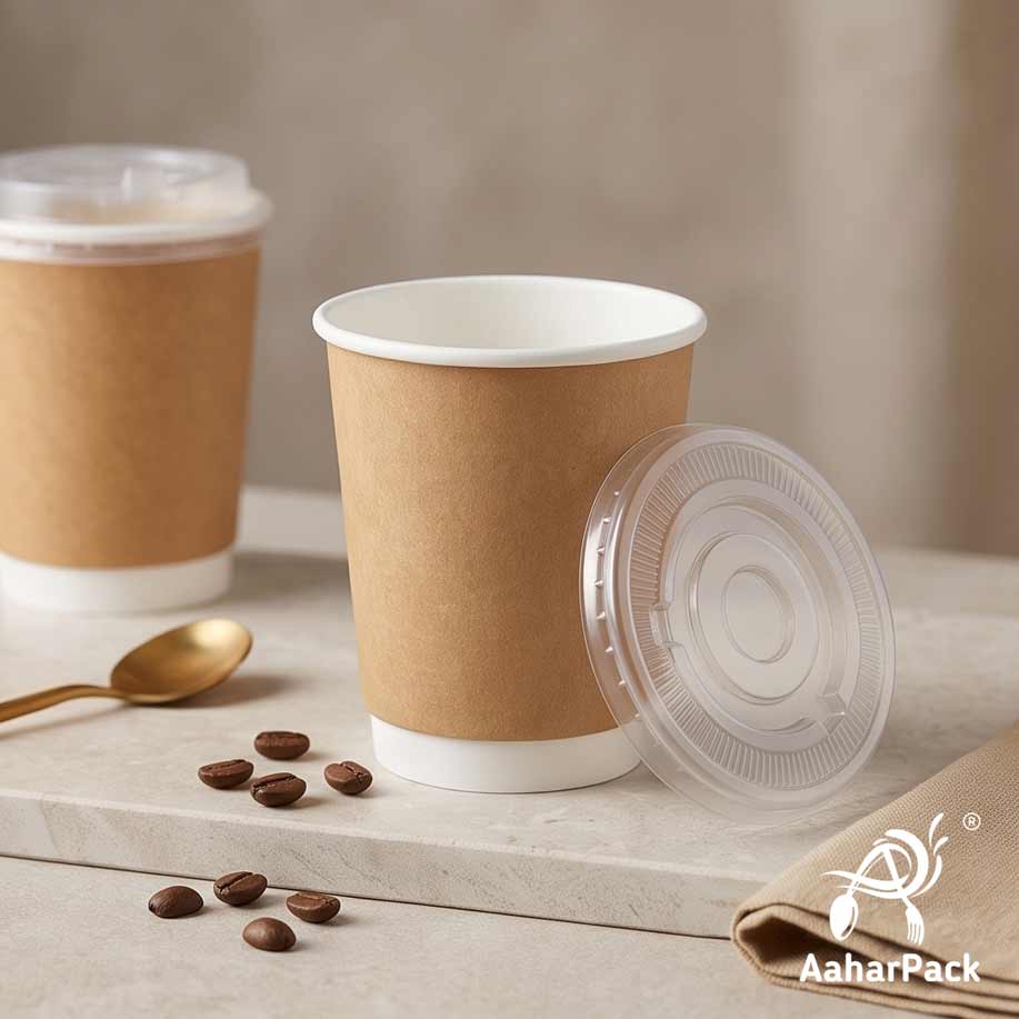 250 ML (8 oz) Kraft Double Wall Paper Cups With Flat Plastic Lids (Pack of 300) - Insulated Takeaway Coffee Cups