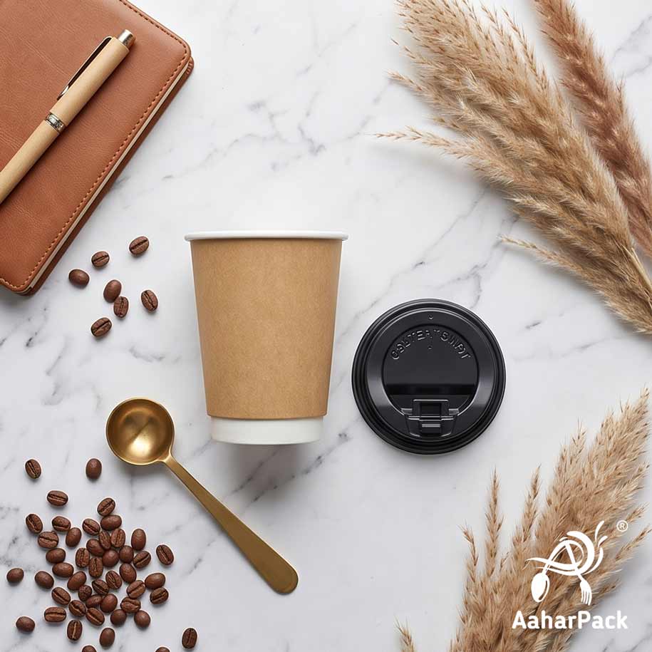 250 ML (8 oz) Kraft Double Wall Paper Cups with Lockable Black Sipper Lids (Pack of 150) - Spill-Proof Insulated Takeaway Cups