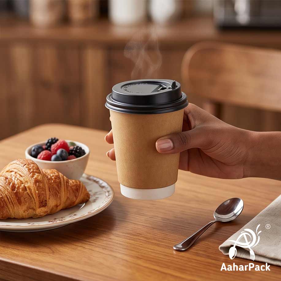 250 ML (8 oz) Kraft Double Wall Paper Cups with Lockable Black Sipper Lids (Pack of 150) - Spill-Proof Insulated Takeaway Cups