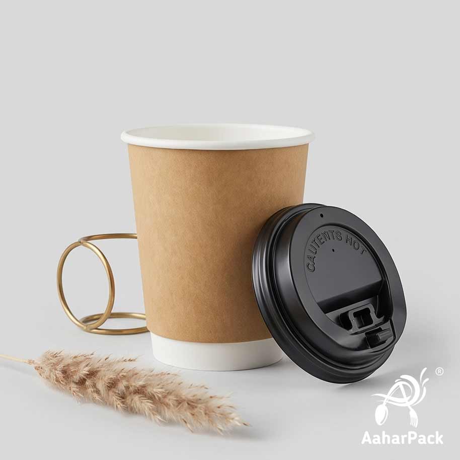 250 ML (8 oz) Kraft Double Wall Paper Cups with Lockable Black Sipper Lids (Pack of 150) - Spill-Proof Insulated Takeaway Cups