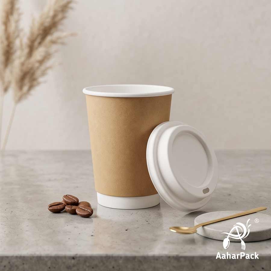 250 ML (8 oz) Kraft Double Wall Paper Cups with Bagasse Sipper Lids (Pack of 150) - 100% Plastic-Free Insulated Takeaway Cups