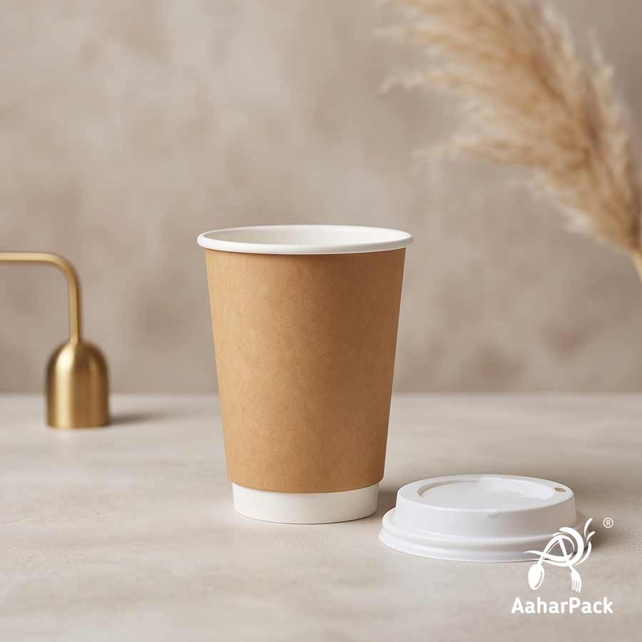 250 ML (8 oz) Kraft Double Wall Paper Cups with Bagasse Sipper Lids (Pack of 150) - 100% Plastic-Free Insulated Takeaway Cups