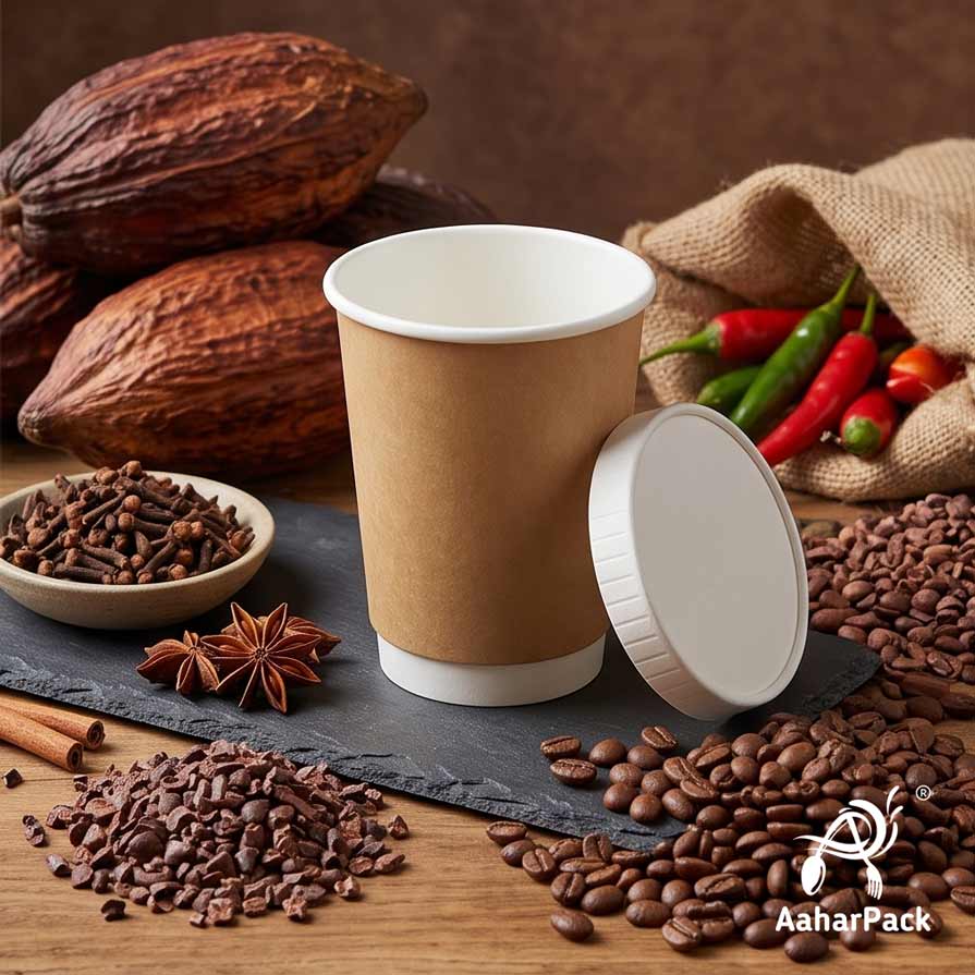 250 ML (8 oz) Kraft Double Wall Paper Cups With Flat Paper Lids (Pack of 150) - 100% Plastic-Free Insulated Takeaway Coffee Cups